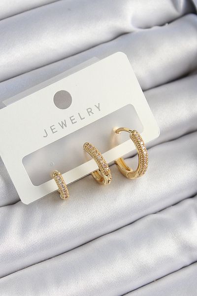 SeyCey.co Brass Zircon Stone Hoop Model Gold Color 3-Piece Double Women's Earring Set