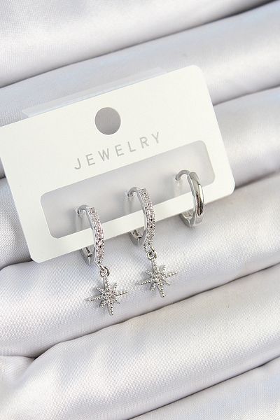 SeyCey.co Brass Zircon Stone Pole Star Model Silver Color 3-Piece Double Women's Earring Set
