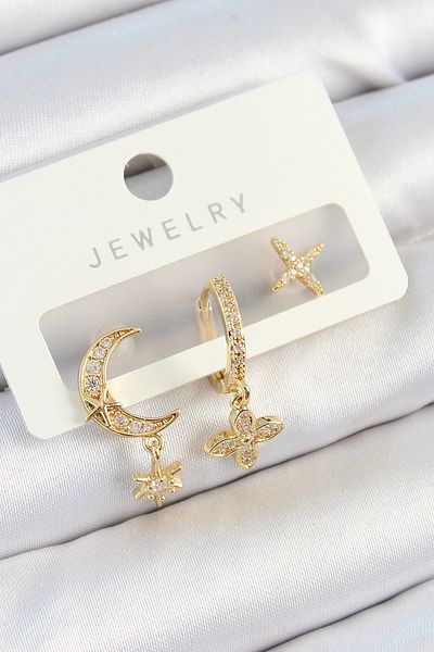 SeyCey.co Brass Zircon Stone Flower and Moon Model Gold Color 3-Piece Double Women's Earring Set