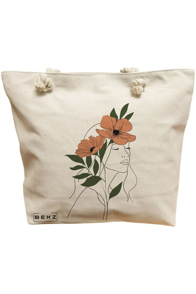 BEKZ Beach Tote Bag, Flower Lady 18, 40x51 cm, Cream, BEKZ®