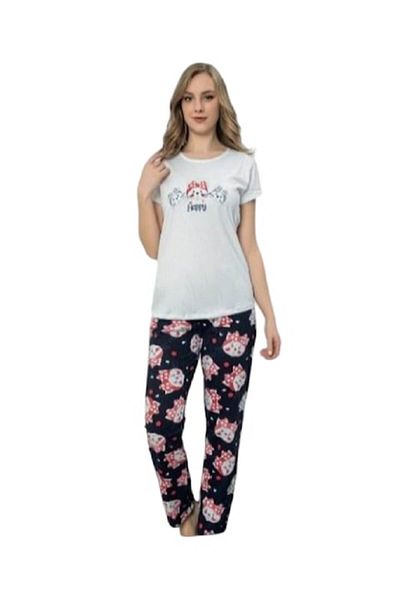 pamuklu - Set pijama, top și pantaloni, cu imprimeu text „Happy”, alb și bleumarin, mărimea M