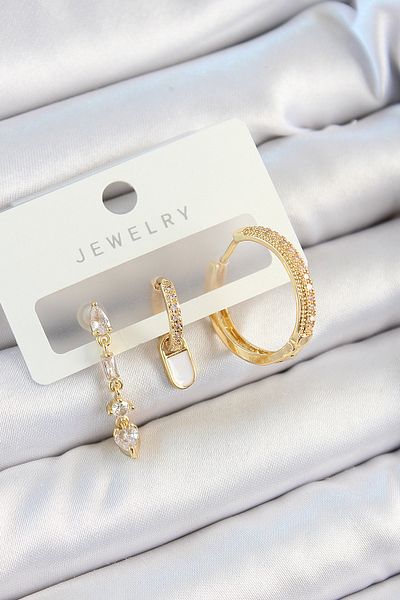 SeyCey.co Brass Zircon Stone Dangle Model Gold Color 3-Piece Double Women's Earring Set