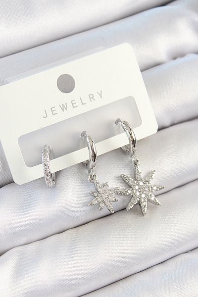 SeyCey.co Brass Zircon Stone Pole Star Model Silver Color 3-Piece Double Women's Earring Set