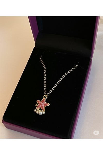 Esra Butik Hane Gold Color Pink Star Pearl Stone Elegant Necklace - Sparkling Gift Jewelry