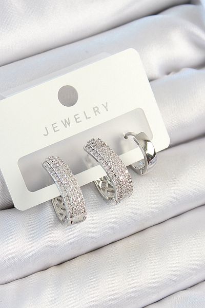 SeyCey.co Brass Zircon Stone Drop Model Silver Color 3-Piece Double Women's Earring Set