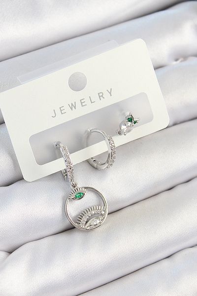 SeyCey.co Brass Zircon Stone Eye and Owl Model Silver Color 3-Piece Double Women's Earring Set