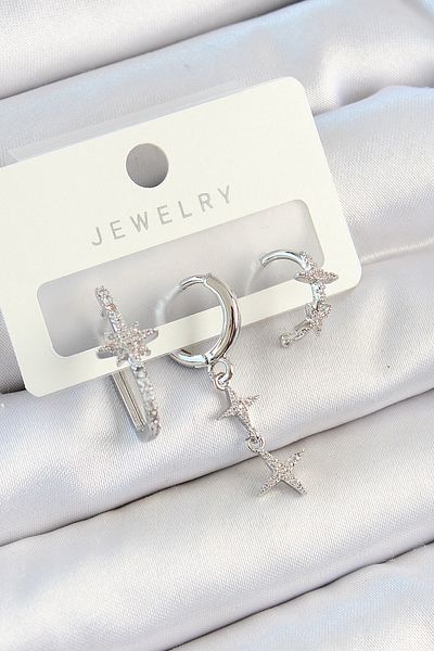 SeyCey.co Brass Zircon Stone Butterfly and Hanging Star Model Silver Color 3-Piece Double Women's Earring Set