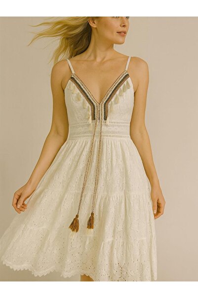Butik İtalyan Özel Tasarım Dantel Elbise - BEYAZ