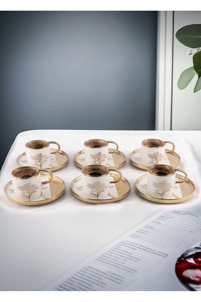 CEZVE HOME Violet 6-person tree of life patterned gold gilded porcelain coffee cup set white