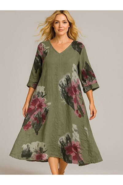 Butik İtalyan Çiçek Desenli Keten Elbise - HAKİ
