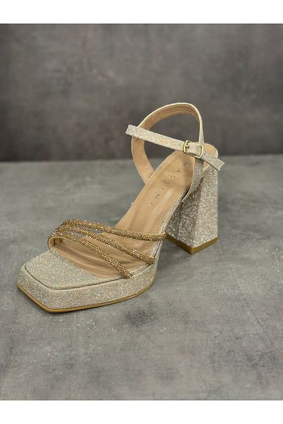 MASSİMA Platform Heels Natural Stone Look Silvery Stylish Heels Shoes