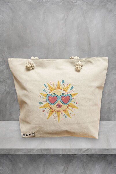 BEKZ Τσάντα θαλάσσης Tote, μοντέλο Sun faces 23, 40x51 cm, Κρεμ, BEKZ®