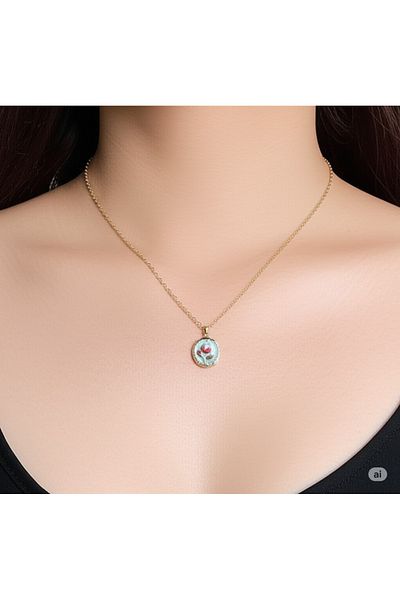 Esra Butik Hane Gold Color Flower Patterned Elegant Necklace - Blue Backdrop Design Gift Stylish Necklace