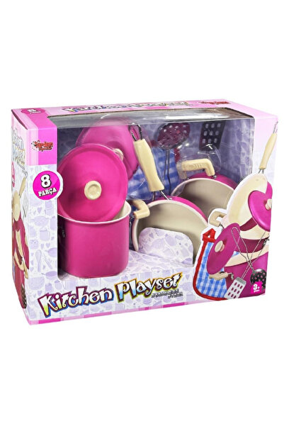 Flower Toys طقم أواني طهي معدنية من لعبة باللون الوردي 8 قطع من الفولاذ المقا...