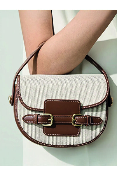 ÇANTA Ayarlanabilir Askılı Manyetik Kapama Patchwork Crossbody Kahverengi Kadın Hasır Omuz Çantası