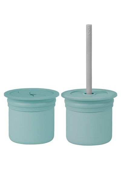 MBB ETİCARET Oioi Raw+Hüp Silicone Cup Set with Straw Aqua Green / Powder Gray
