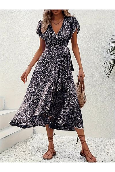 Masspera Rochie de lungime midi cu guler dublu, cu mâneci scurte, cu model, cu detaliu de cravată