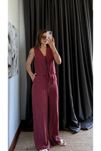Daves Front Tie Detailed Vest and Trousers Claret Red Double Set