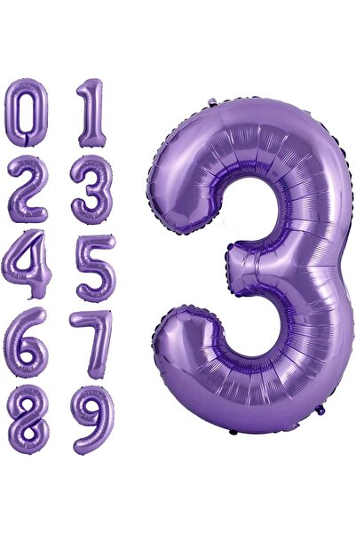 Partifest 3 Yaş Mor Renk Rakam Folyo Balon 3 Üç Rakam Mor Renk Helyum Uçan Fo...