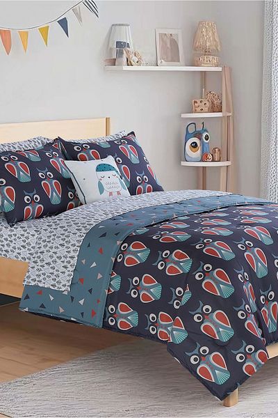 Bee Home Bed and Bath Juvi Owl Forest | 8 Pieces Full Comforter Set - 228 X 223 Cm - Dark Owls