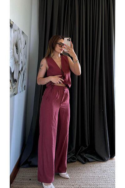 Daves Front Tie Detailed Vest and Trousers Claret Red Double Set