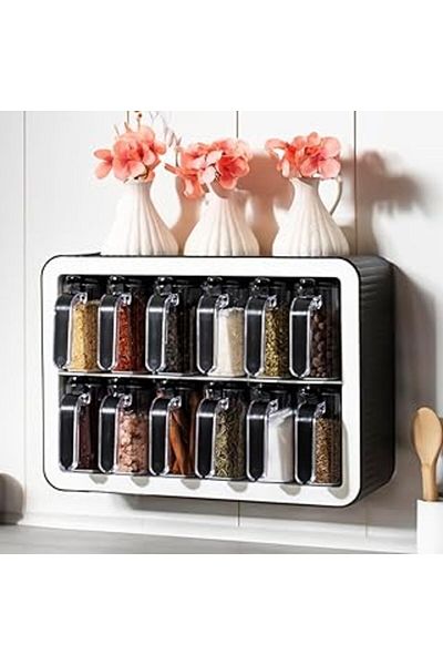 Mustore General Luxury 12-Piece Spice Rack Set with Spoon Cover and Self-Adhesive (Black-White)