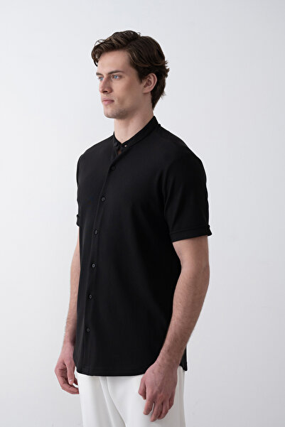 İLKCET MODA Ανδρικό πουκάμισο μαύρο δικαστή με γιακά Lycra