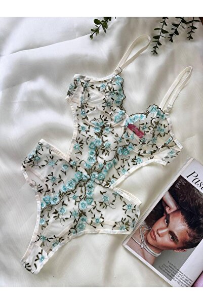 ARONA Transparan Krem Turkuaz Bodysuit