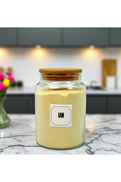 mafa home Ahşap Vakum Kapaklı Cam Saklama Kavanozu 800 Ml Un Etiketi Hediyeli