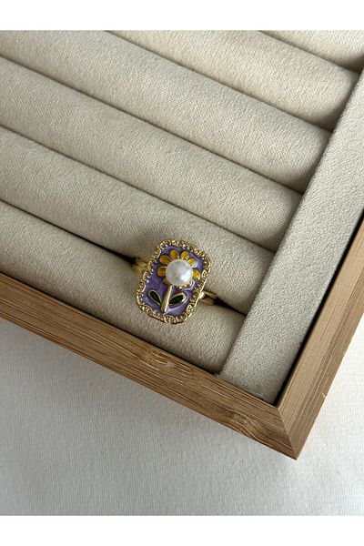 ringbox Steel Tarnish-Free Purple Enamel Pearl Daisy Ring