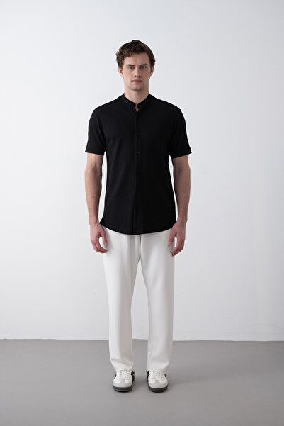 İLKCET MODA Ανδρικό πουκάμισο μαύρο δικαστή με γιακά Lycra