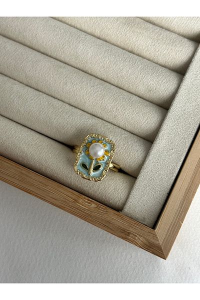 ringbox Steel Tarnish-Free Turquoise Enamel Pearl Daisy Ring