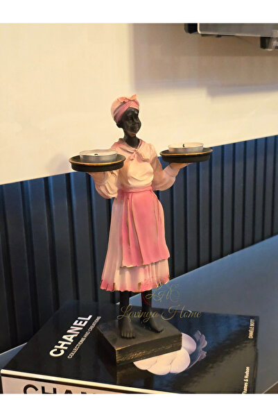 LH Lavinya Home Biblo Tepsili Kadın Şamdan | Pembe Renk 13x30 cm Dekoratif Figür