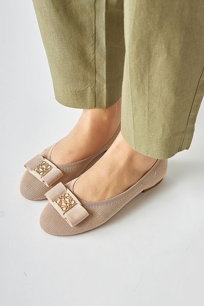 Limoya Bloop Beige Bow Women's Ballerina Comfortable Daily Shoes