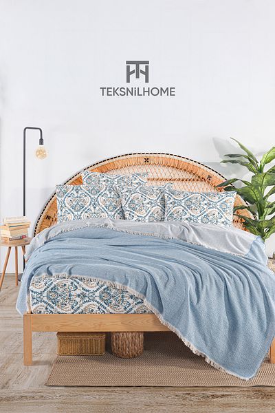 TeksNil Home 100% Cotton Oslo Double Blue Pique Set (Elastic Sheet, Pique, Pillow Case)