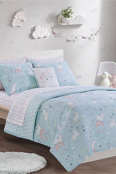 Bee Home Bed and Bath Juvi Unicorn Shine | 6 Pieces Twin Comforter Set - 167 x 218 cm - Sky Blue