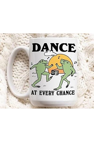 NETWORK ART Print Dore Dancing Frog Coffee Mug, Positive Quote Ceramic Cup, Frog Love,English Mug