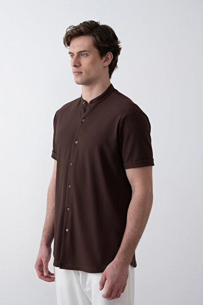 İLKCET MODA Men's Brown Judge Collar Lycra Shirt