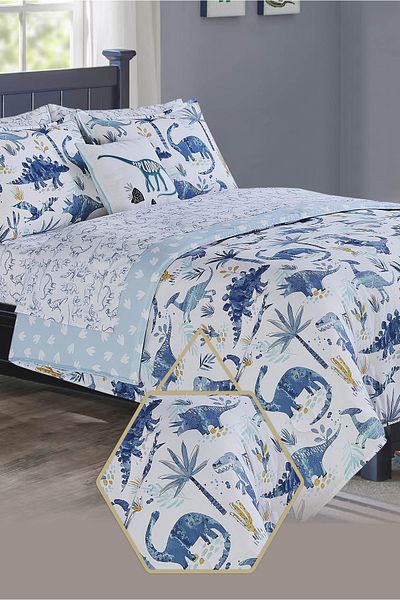 Bee Home Bed and Bath Juvi Dinosaur Park | 8 Pieces Full Comforter Set - 228 X 223 Cm - Blue Dinosaurs