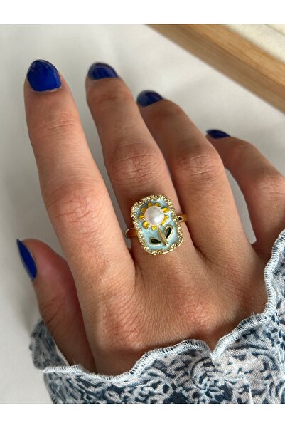 ringbox Steel Tarnish-Free Turquoise Enamel Pearl Daisy Ring