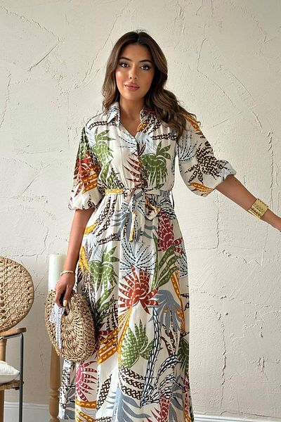 sharin Women's Summer Colorful Floral Print Shirt Collar Midi Length Dress 10E-6872