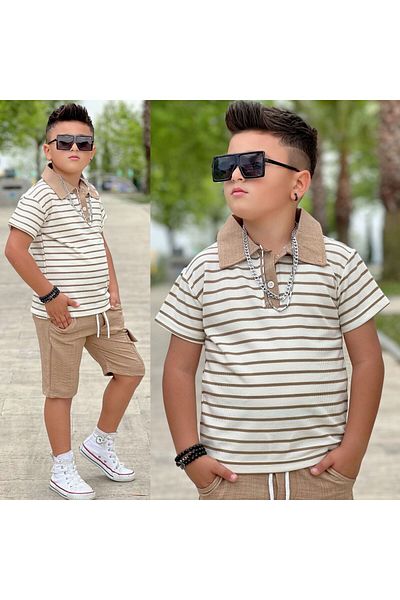 Modaayaz Polo Collar Striped Patterned Boy's Brown Top-Top Set