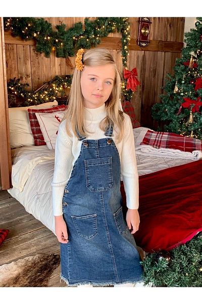 Marka Sensin Kids Girls' Jeans Salopet Half Turtleneck White Sweater Jeans Hat 4-Piece Set