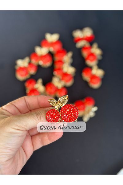 QUEEN AKSESUAR New Trend Luxury Metal Big Crystal Sparkling Red Stone Cherry Gold Leafed Clothespin Buckle