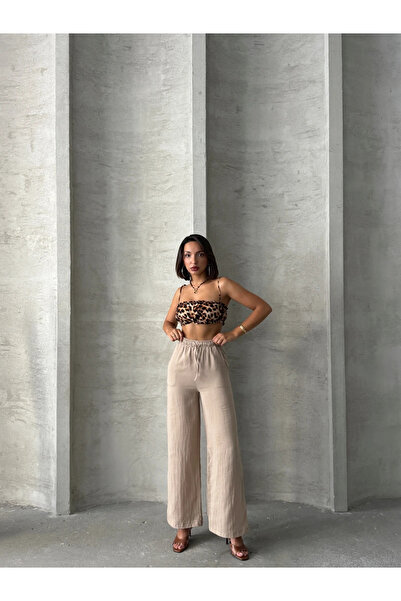 beeke Emma Women's Beige Thin Şile Fabric Elastic Waist High Waist Loose Leg Summer Trousers with Side Pockets