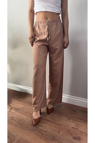 memetti m şekil Women's Tan Elastic Waist Soft Linen (Sofia) Wide Leg Palazzo Trousers