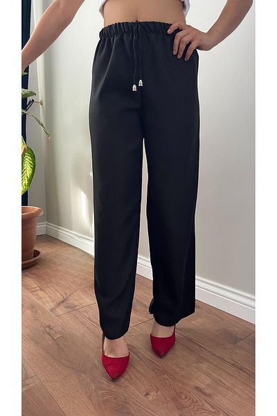 memetti m şekil Women's Black Elastic Waist Soft Linen (Sofia) Wide Leg Palazzo Trousers