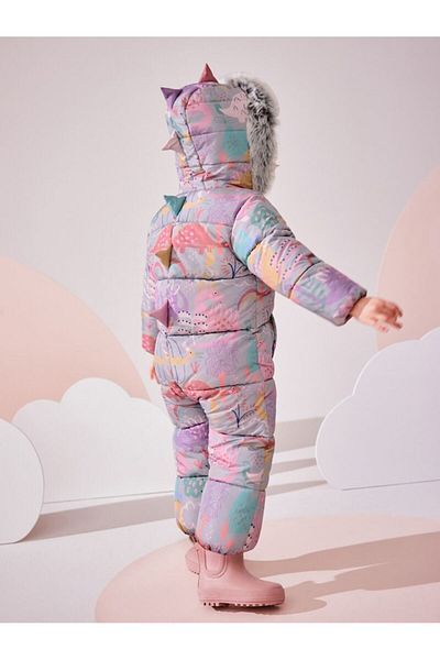 Next Baby Lilac Dinosaur Patterned Full Fleece Lined Hooded Water Resistant Astronaut Jumpsuit