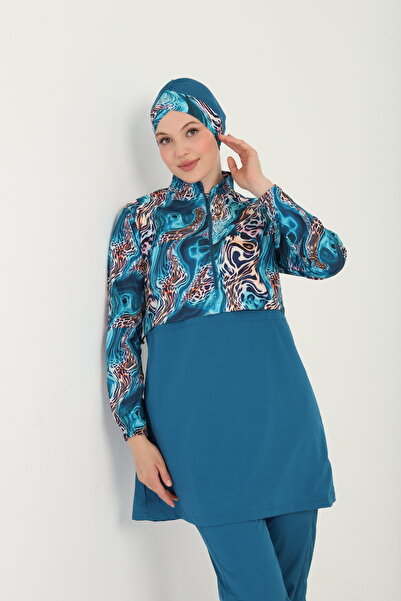 TRENDT MODA Paraşüt Kumaş Dört Parça Haşama Tesettür Mayo Yarım Fermuarlı Yandan Daraltma Takım