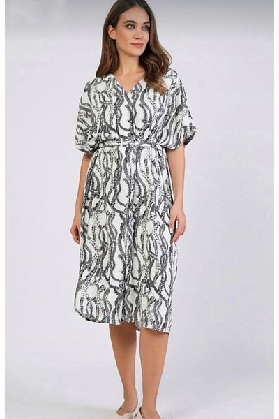 Nelly Plus Size V-Neck Bat Sleeve Gray Color Patterned Dress